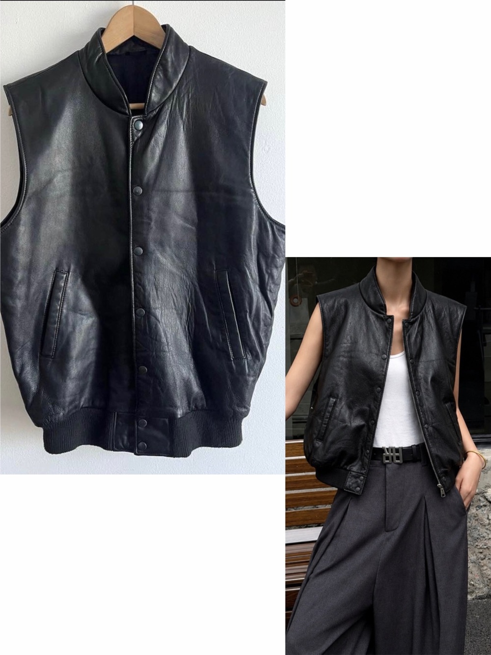 Vintage Roots Black Leather Sleeveless Bomber Vest Oversized Unisex